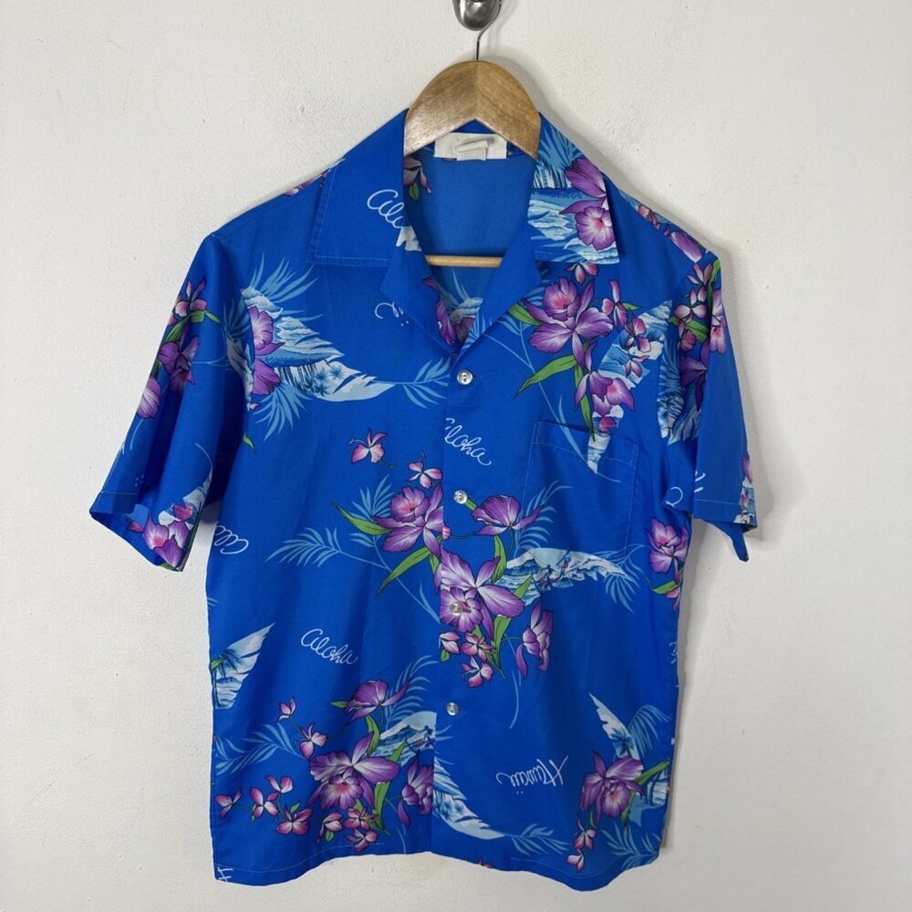 VTG Hukilau Fashions Hawaii Shirt S Blue Floral Aloha Surfer Made‎ USA 80s Rayon